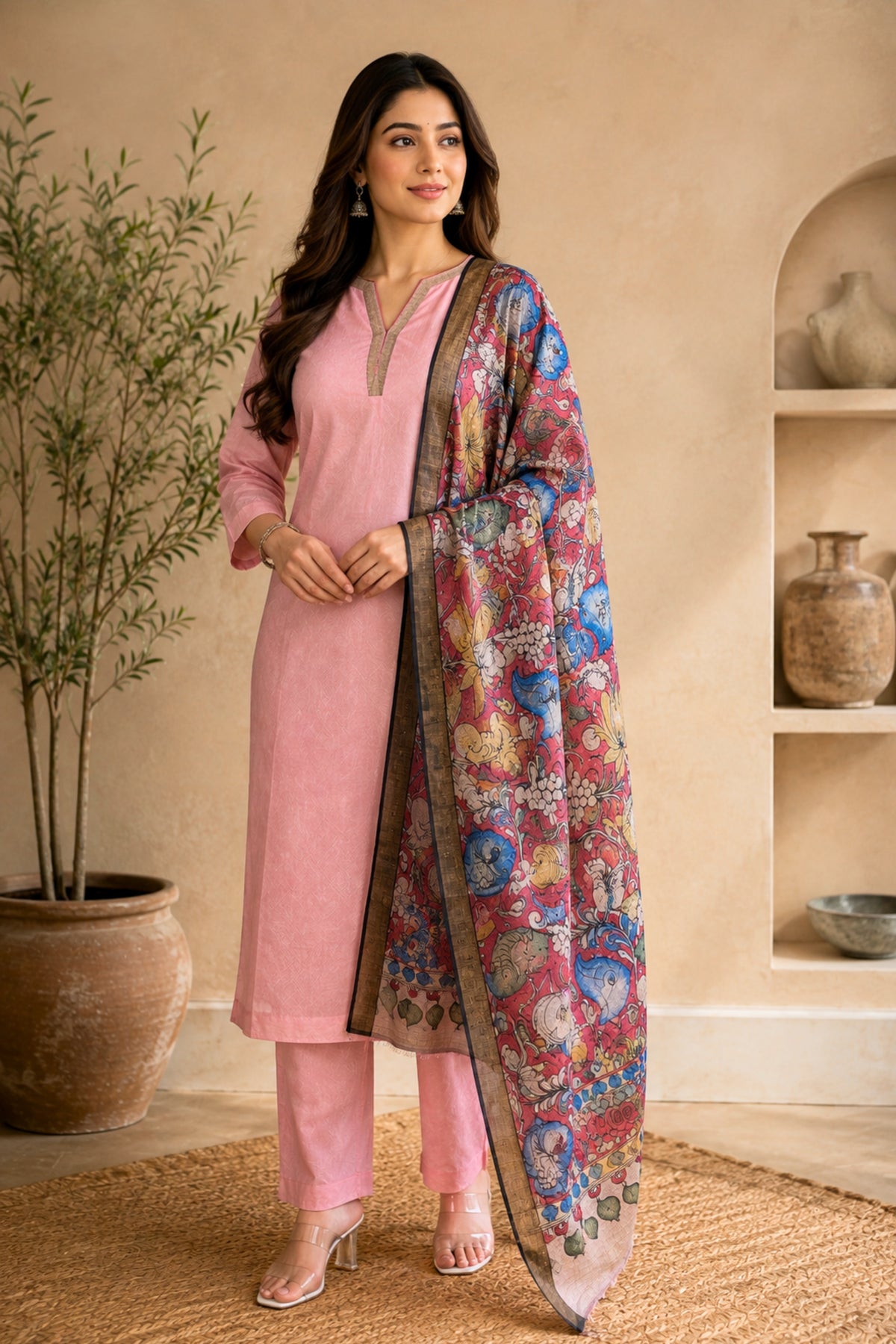 Soft Pink Silk Unstitched Suit Set with Vibrant Kalamkari Print Dupatta by Label Tamanna