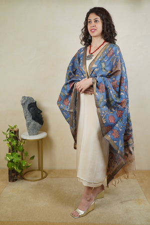 Off-White Pure Silk Unstitched Suit Set with Ink Blue Kalamkari Dupatta