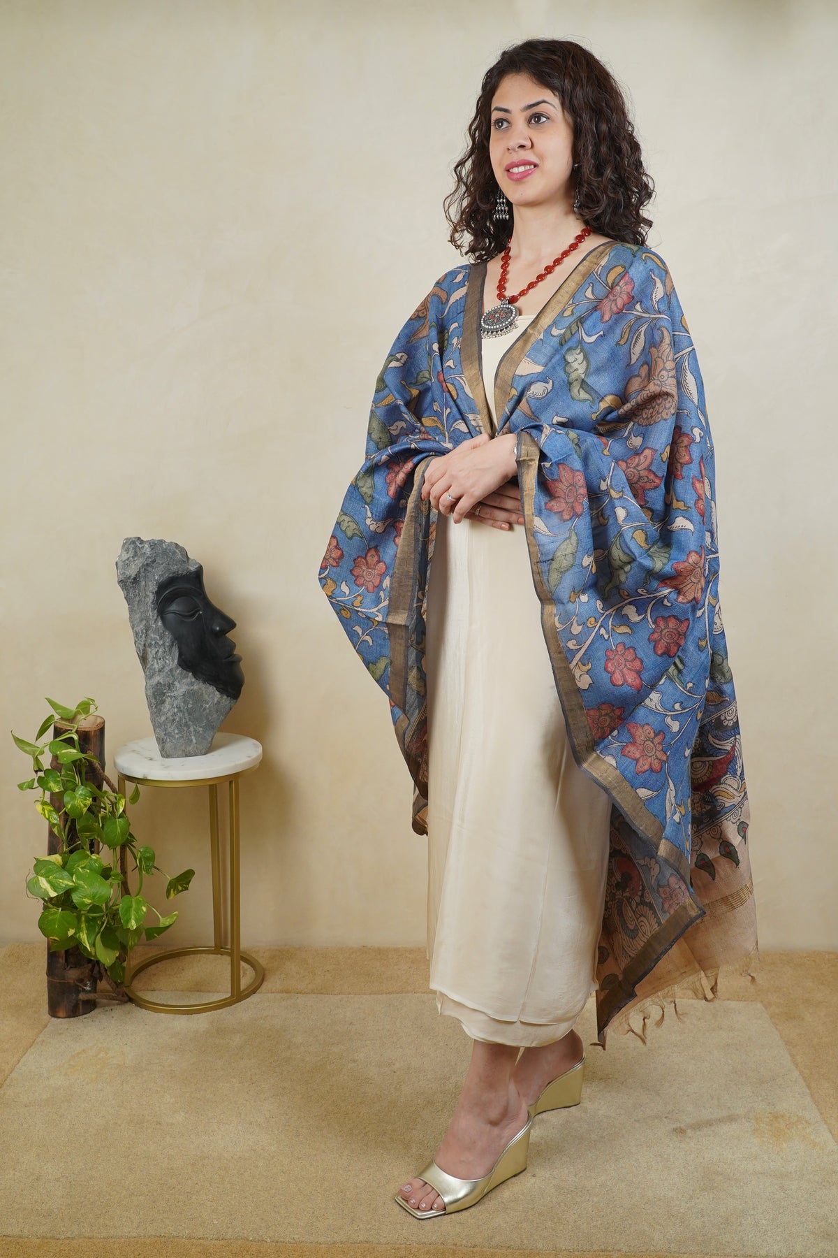 Off-White Pure Silk Unstitched Suit Set with Ink Blue Kalamkari Dupatta