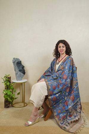 Off-White Pure Silk Unstitched Suit Set with Ink Blue Kalamkari Dupatta