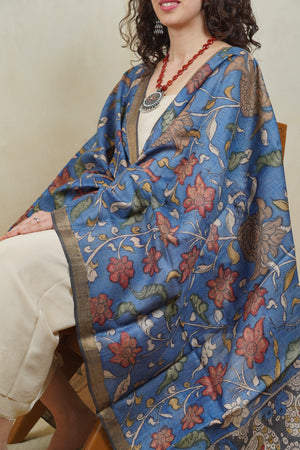 Off-White Pure Silk Unstitched Suit Set with Ink Blue Kalamkari Dupatta
