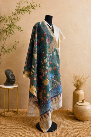 Beige Silk Unstitched Suit Set with Forest Green Kalamkari Dupatta by Label Tamanna