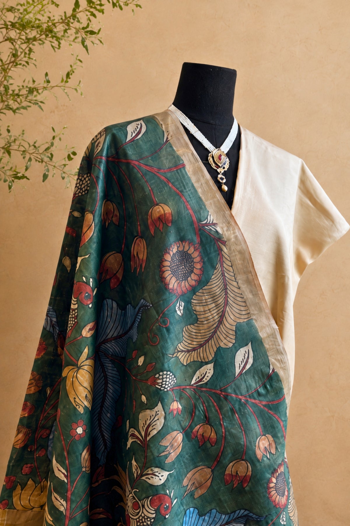 Beige Silk Unstitched Suit Set with Forest Green Kalamkari Dupatta by Label Tamanna