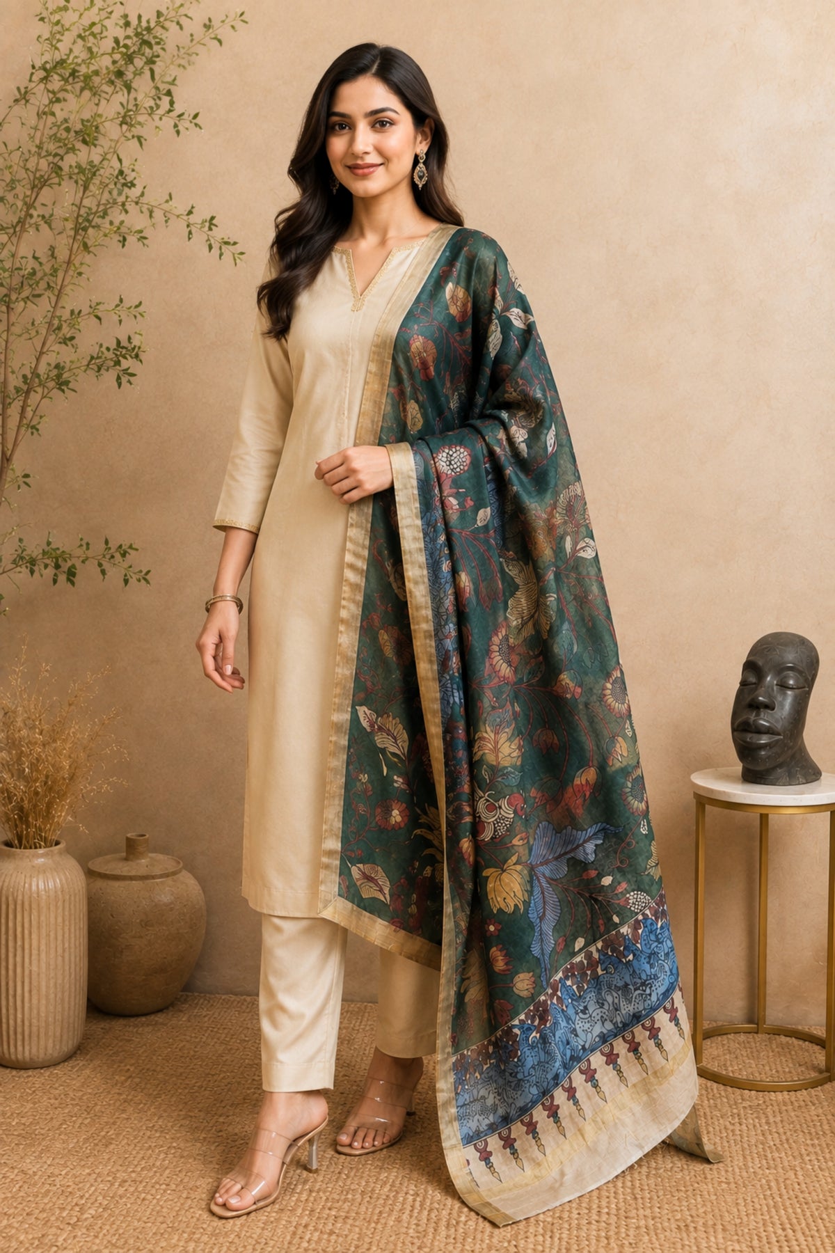 Beige Silk Unstitched Suit Set with Forest Green Kalamkari Dupatta by Label Tamanna