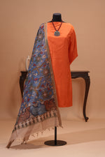 Orange Pure Silk Unstitched Suit with Ink Blue Kalamkari Printed Dupatta