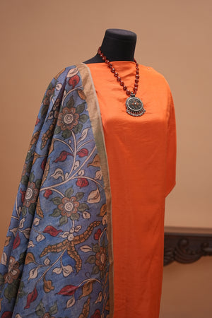 Orange Pure Silk Unstitched Suit with Ink Blue Kalamkari Printed Dupatta
