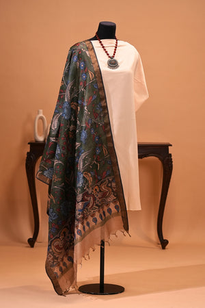 Off-White Silk Unstitched Suit Set with Emerald Green Kalamkari Dupatta by Label Tamanna