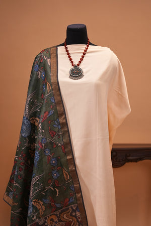 Off-White Silk Unstitched Suit Set with Emerald Green Kalamkari Dupatta by Label Tamanna