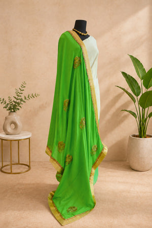 Cream & Green Crepe Unstitched Suit Set with Georgette Dupatta by Label Tamanna