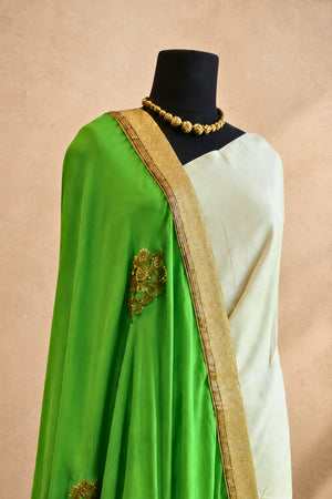 Cream & Green Crepe Unstitched Suit Set with Georgette Dupatta by Label Tamanna