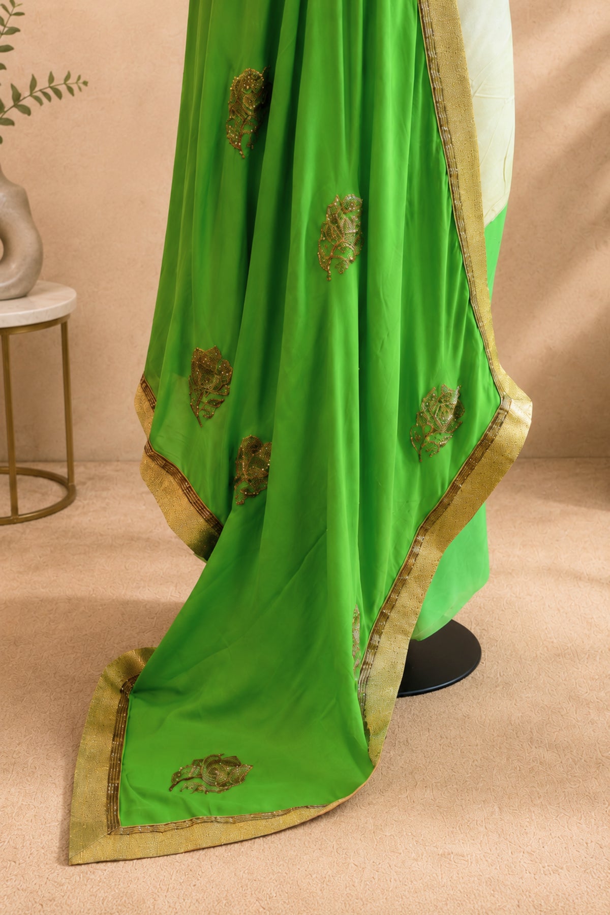 Cream & Green Crepe Unstitched Suit Set with Georgette Dupatta by Label Tamanna
