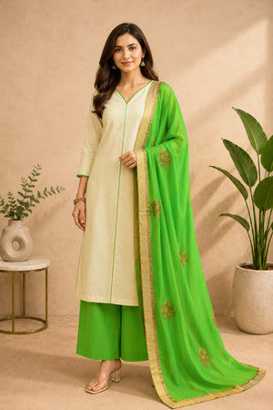 Cream & Green Crepe Unstitched Suit Set with Georgette Dupatta by Label Tamanna