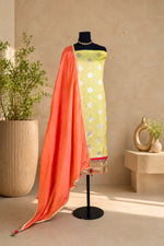 Parrot Green and Orange Banarasi Silk Unstitched Suit Set by Label Tamanna