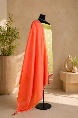 Parrot Green and Orange Banarasi Silk Unstitched Suit Set by Label Tamanna