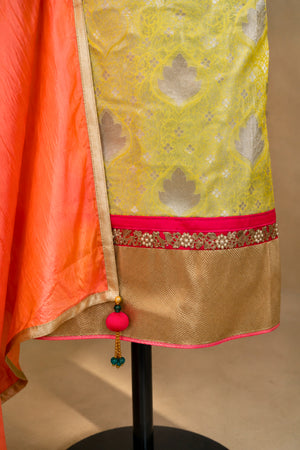 Parrot Green and Orange Banarasi Silk Unstitched Suit Set by Label Tamanna