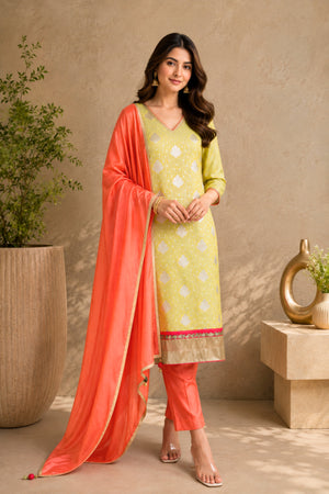 Parrot Green and Orange Banarasi Silk Unstitched Suit Set by Label Tamanna