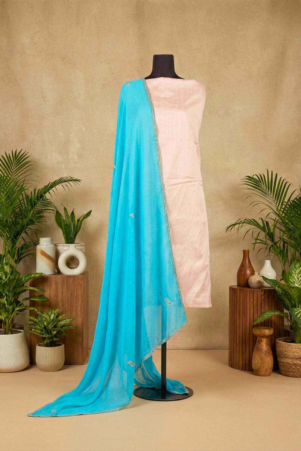 Soft Pink Raw Silk Unstitched Suit Set with Turquoise Chiffon Dupatta by Label Tamanna