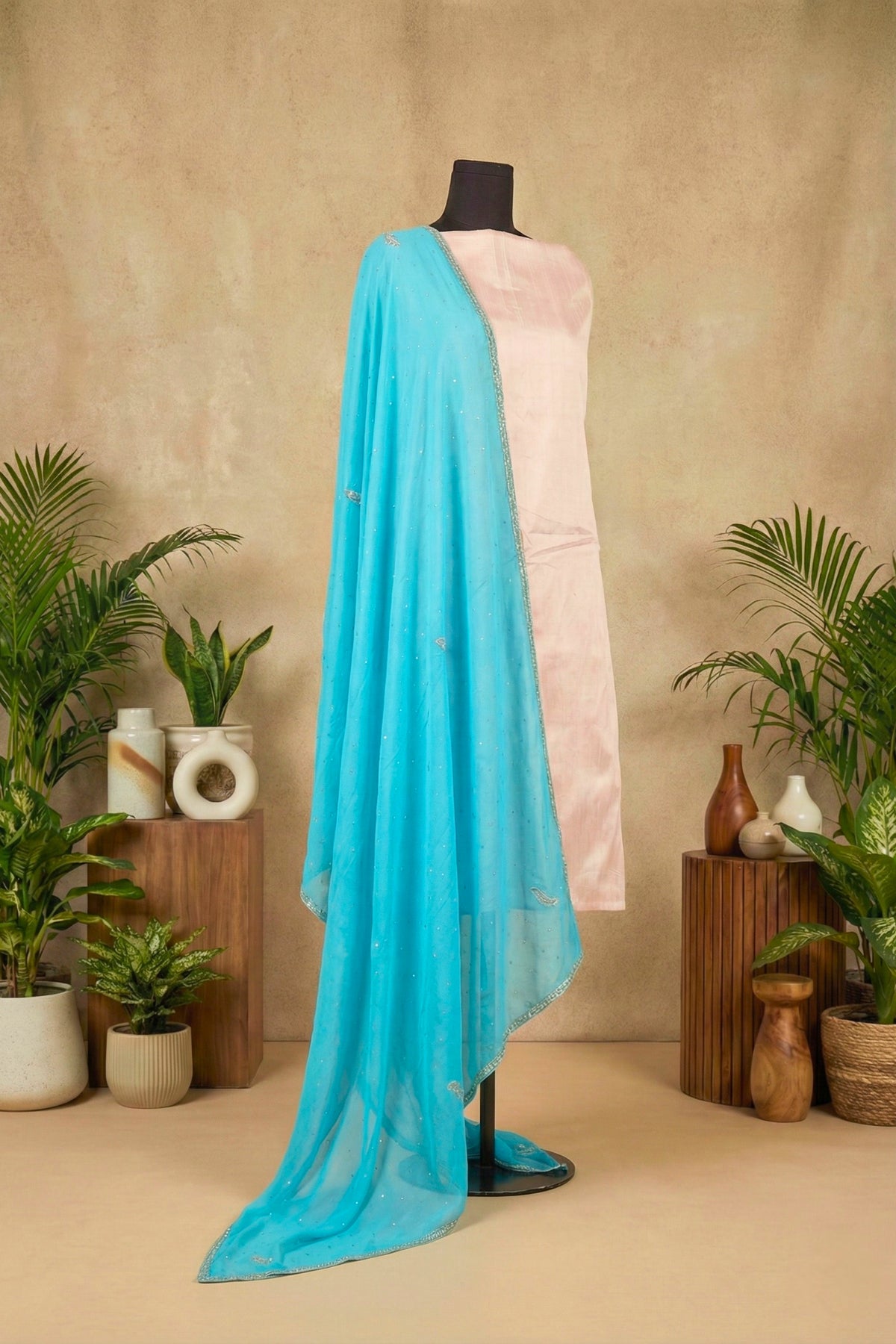 Soft Pink Raw Silk Unstitched Suit Set with Turquoise Chiffon Dupatta by Label Tamanna
