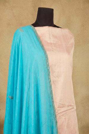 Soft Pink Raw Silk Unstitched Suit Set with Turquoise Chiffon Dupatta by Label Tamanna