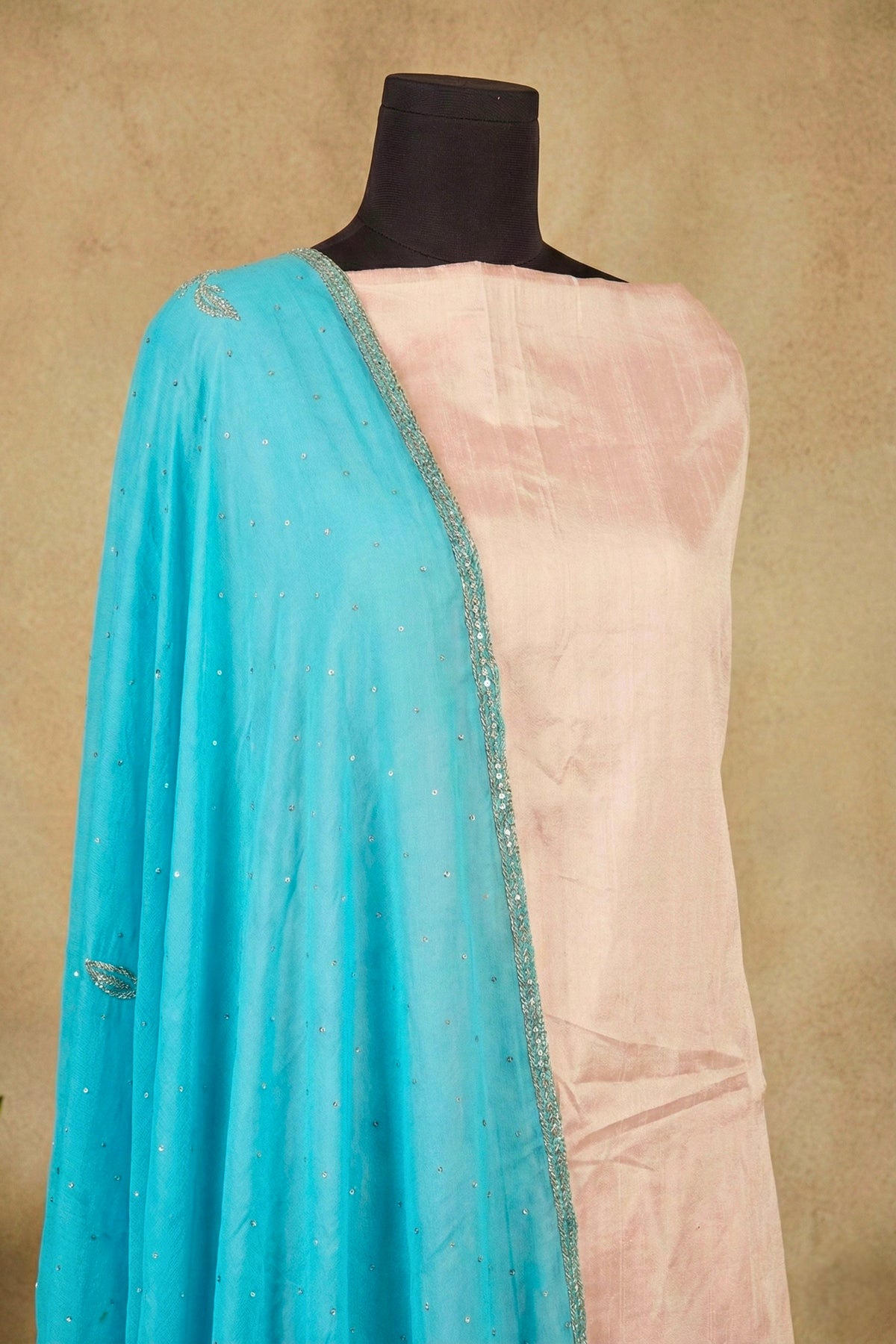 Soft Pink Raw Silk Unstitched Suit Set with Turquoise Chiffon Dupatta by Label Tamanna