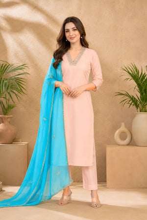 Soft Pink Raw Silk Unstitched Suit Set with Turquoise Chiffon Dupatta by Label Tamanna
