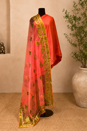 Coral Pink Tabby Silk Unstitched Suit Set with Embroidered Net Dupatta by Label Tamanna