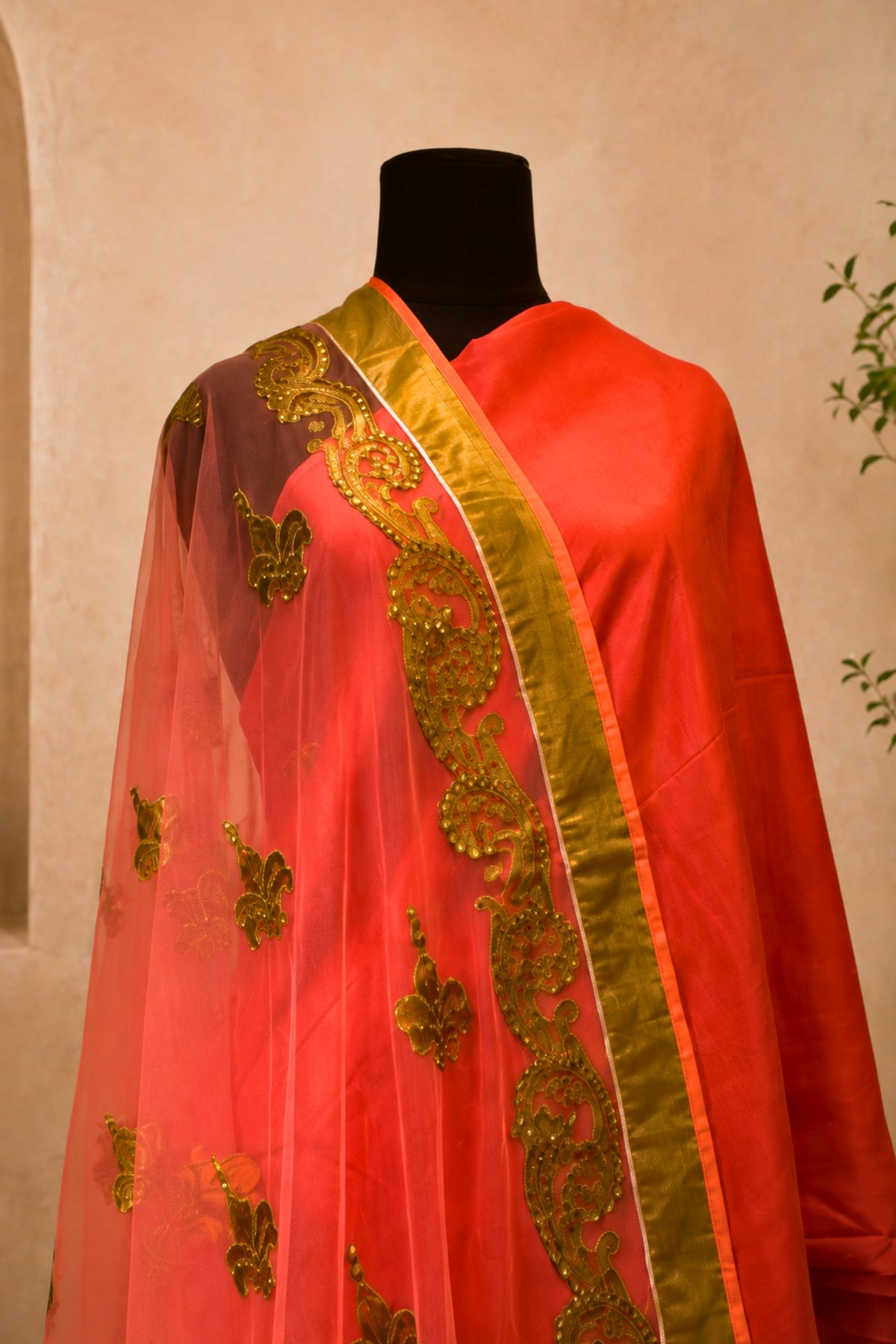 Coral Pink Tabby Silk Unstitched Suit Set with Embroidered Net Dupatta by Label Tamanna