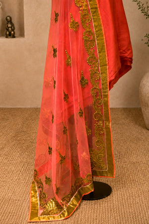Coral Pink Tabby Silk Unstitched Suit Set with Embroidered Net Dupatta by Label Tamanna