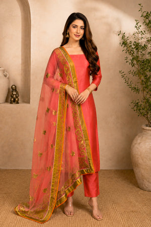 Coral Pink Tabby Silk Unstitched Suit Set with Embroidered Net Dupatta by Label Tamanna