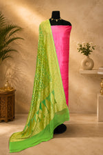 Fuchsia Pink Raw Silk Unstitched Suit Set with Green Banarasi Bandhani Dupatta by Label Tamanna