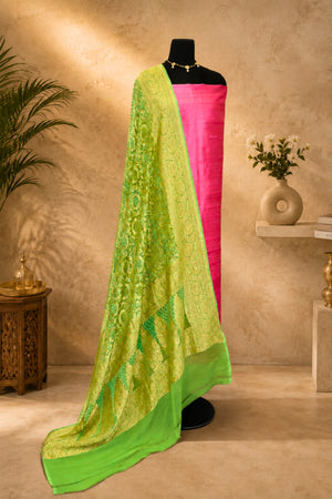 Fuchsia Pink Raw Silk Unstitched Suit Set with Green Banarasi Bandhani Dupatta by Label Tamanna