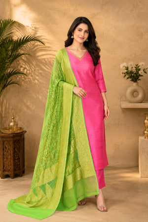 Fuchsia Pink Raw Silk Unstitched Suit Set with Green Banarasi Bandhani Dupatta by Label Tamanna