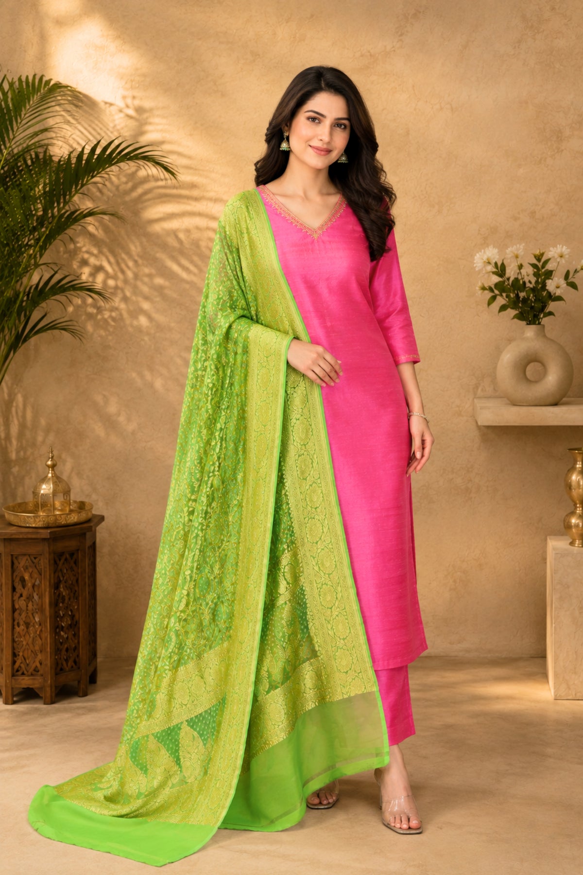 Fuchsia Pink Raw Silk Unstitched Suit Set with Green Banarasi Bandhani Dupatta by Label Tamanna