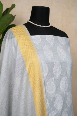 Light Grey Pure Chanderi Unstitched Suit Set with Yellow Accent by Label Tamanna
