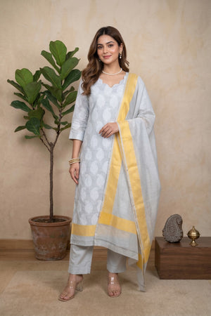 Light Grey Pure Chanderi Unstitched Suit Set with Yellow Accent by Label Tamanna