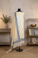 Beige Pure Chanderi Unstitched Suit Set with Grey Accents