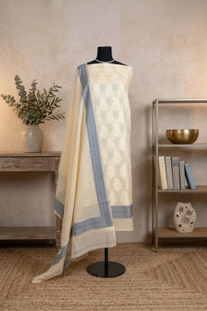 Beige Pure Chanderi Unstitched Suit Set with Grey Accents