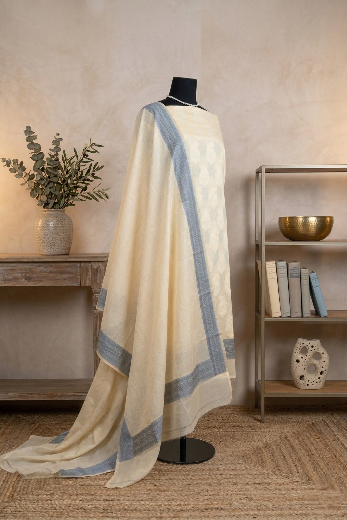 Beige Pure Chanderi Unstitched Suit Set with Grey Accents