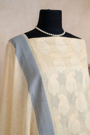 Beige Pure Chanderi Unstitched Suit Set with Grey Accents
