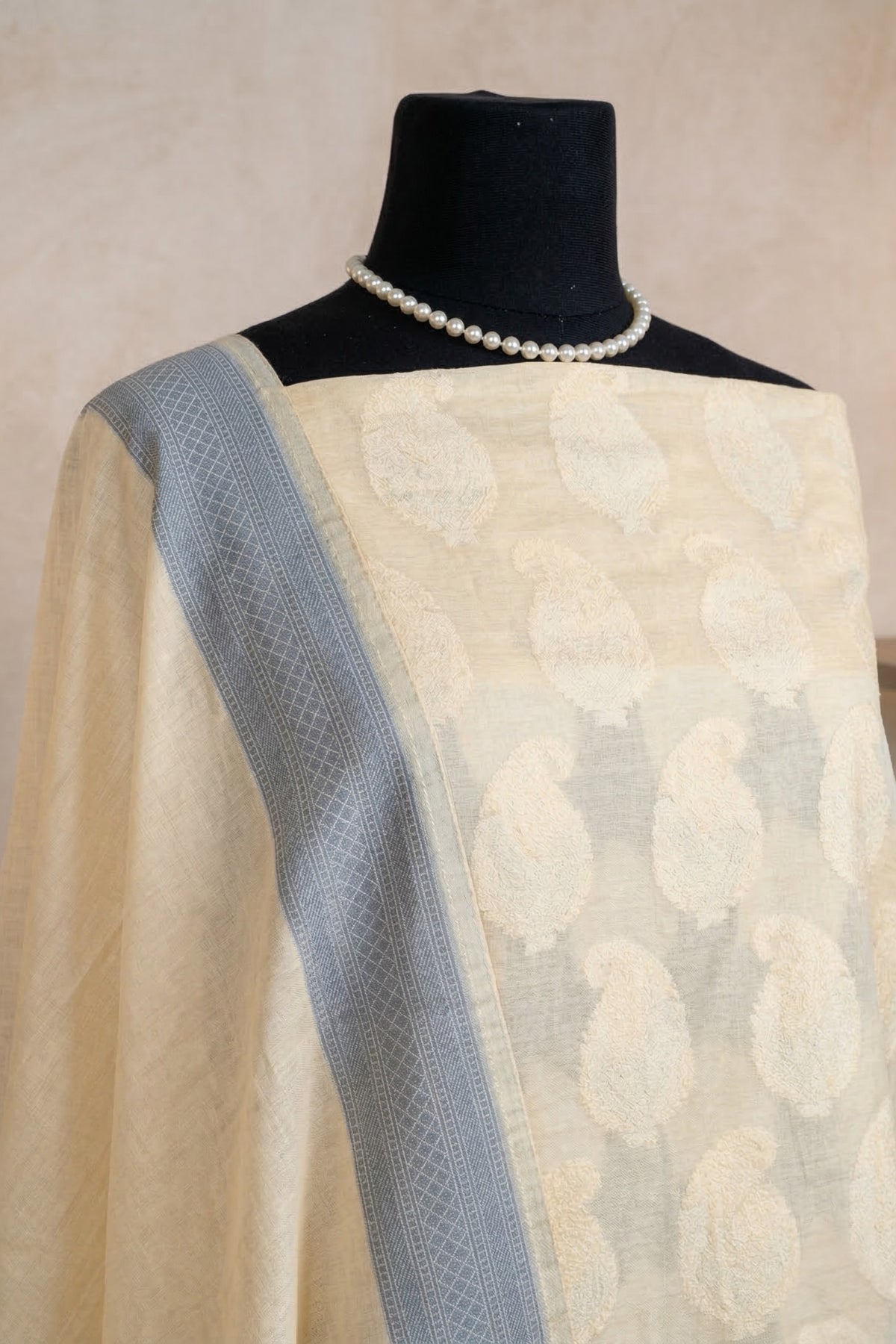 Beige Pure Chanderi Unstitched Suit Set with Grey Accents