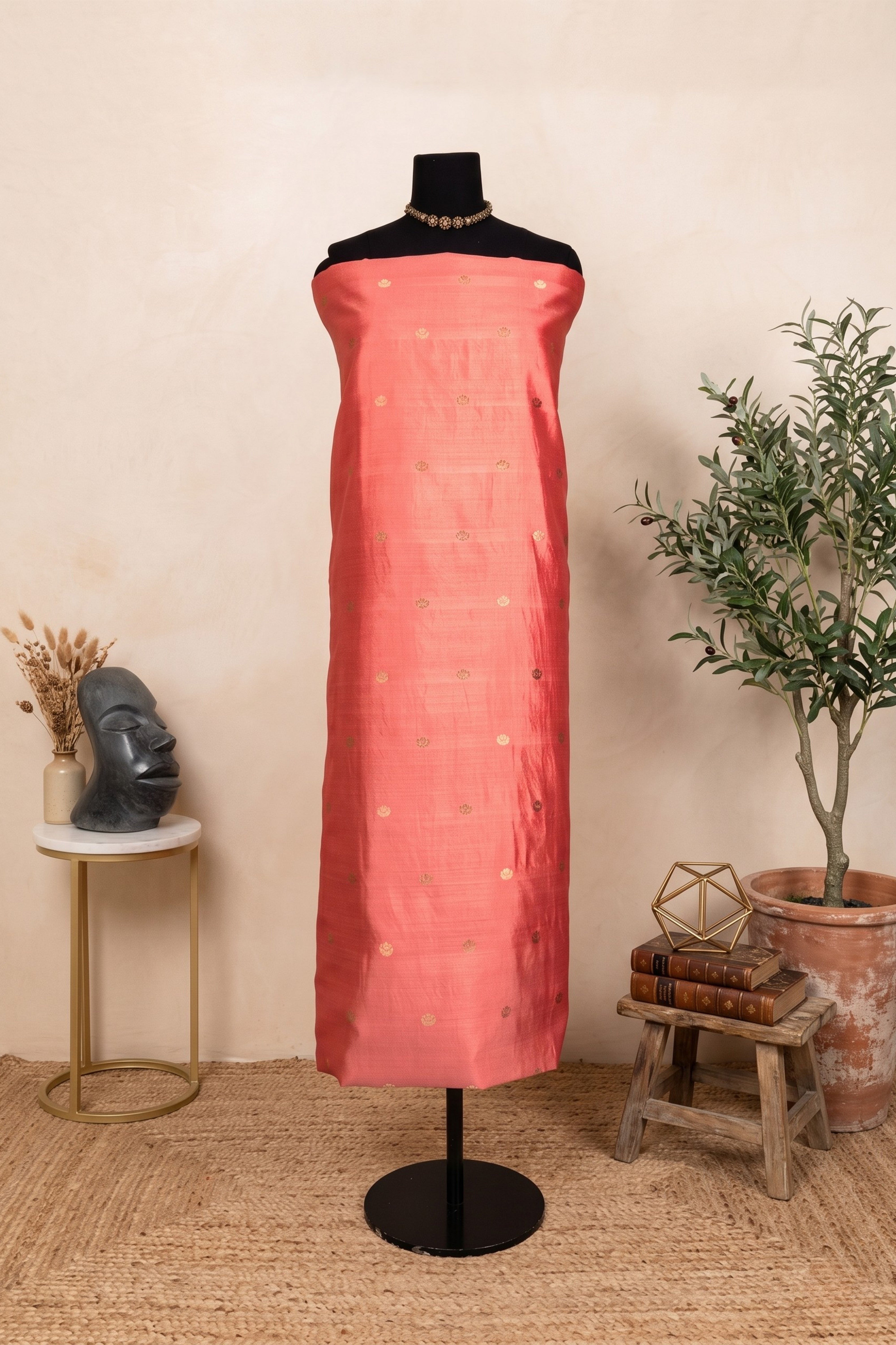 Elegant Coral Pink Chiniya Silk Unstitched Dress Material