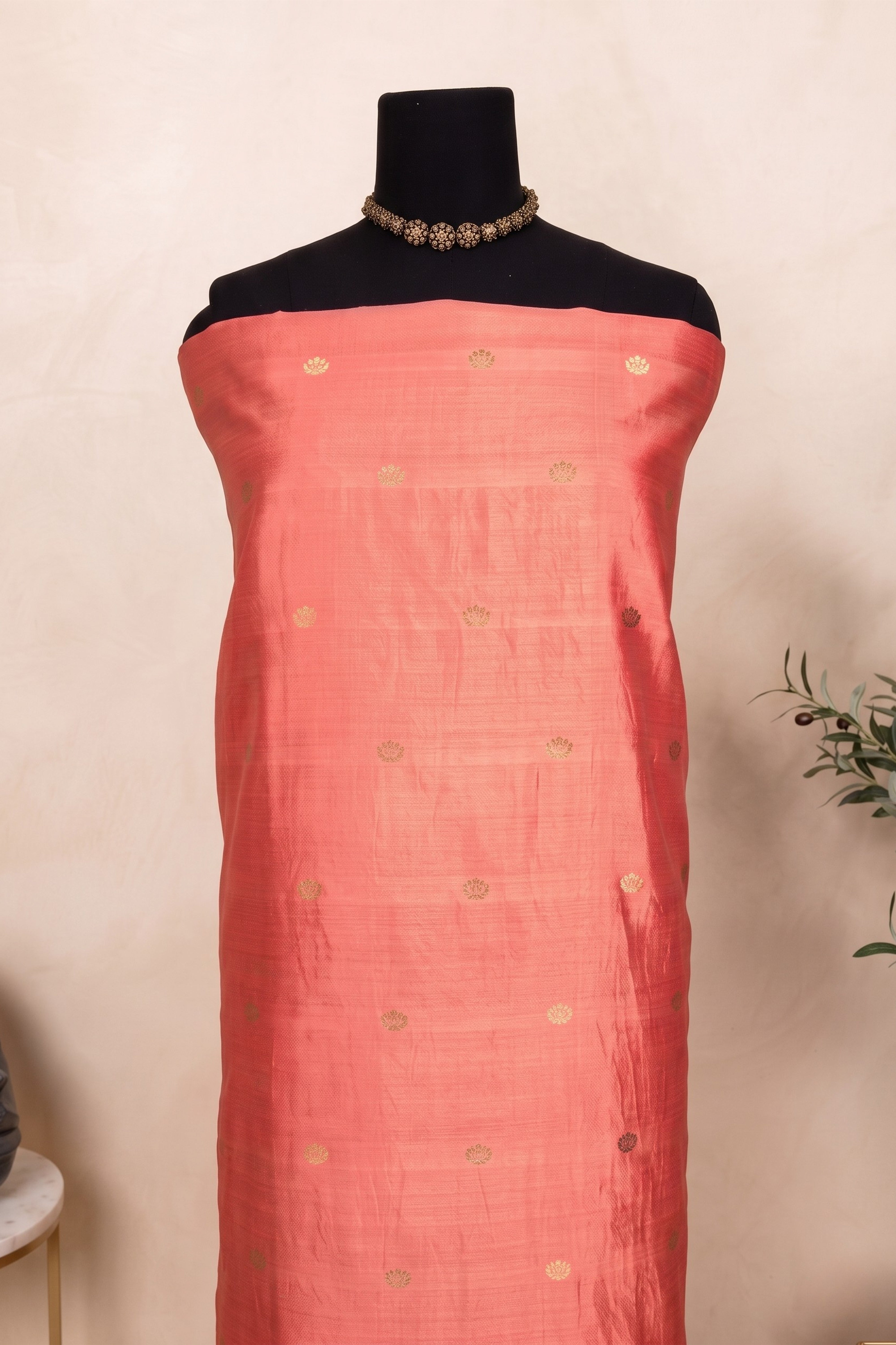 Elegant Coral Pink Chiniya Silk Unstitched Dress Material