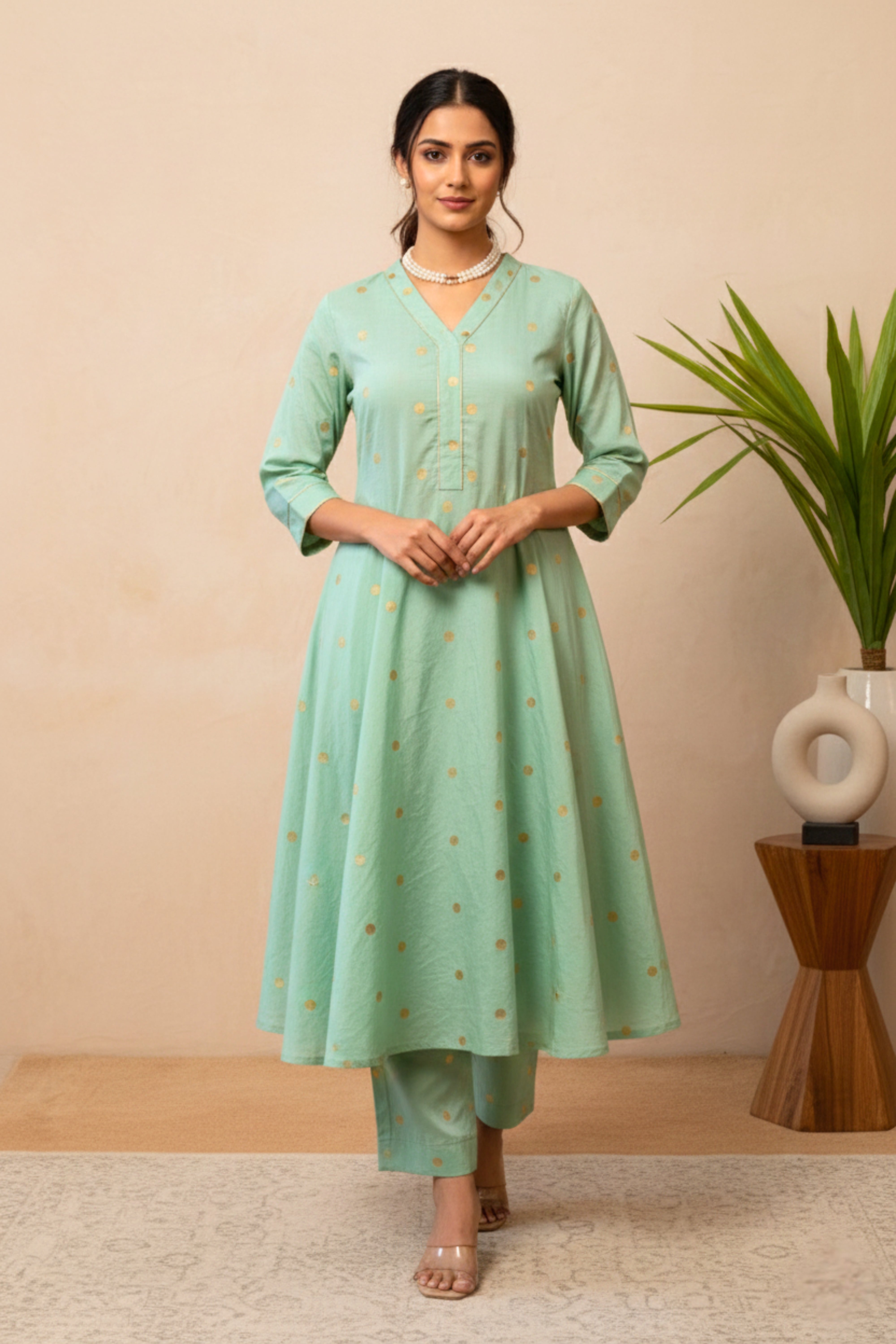 Elegant Mint Green Chiniya Silk Unstitched Dress Material