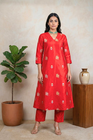 Luxurious Red Banarasi Silk Unstitched Dress Material