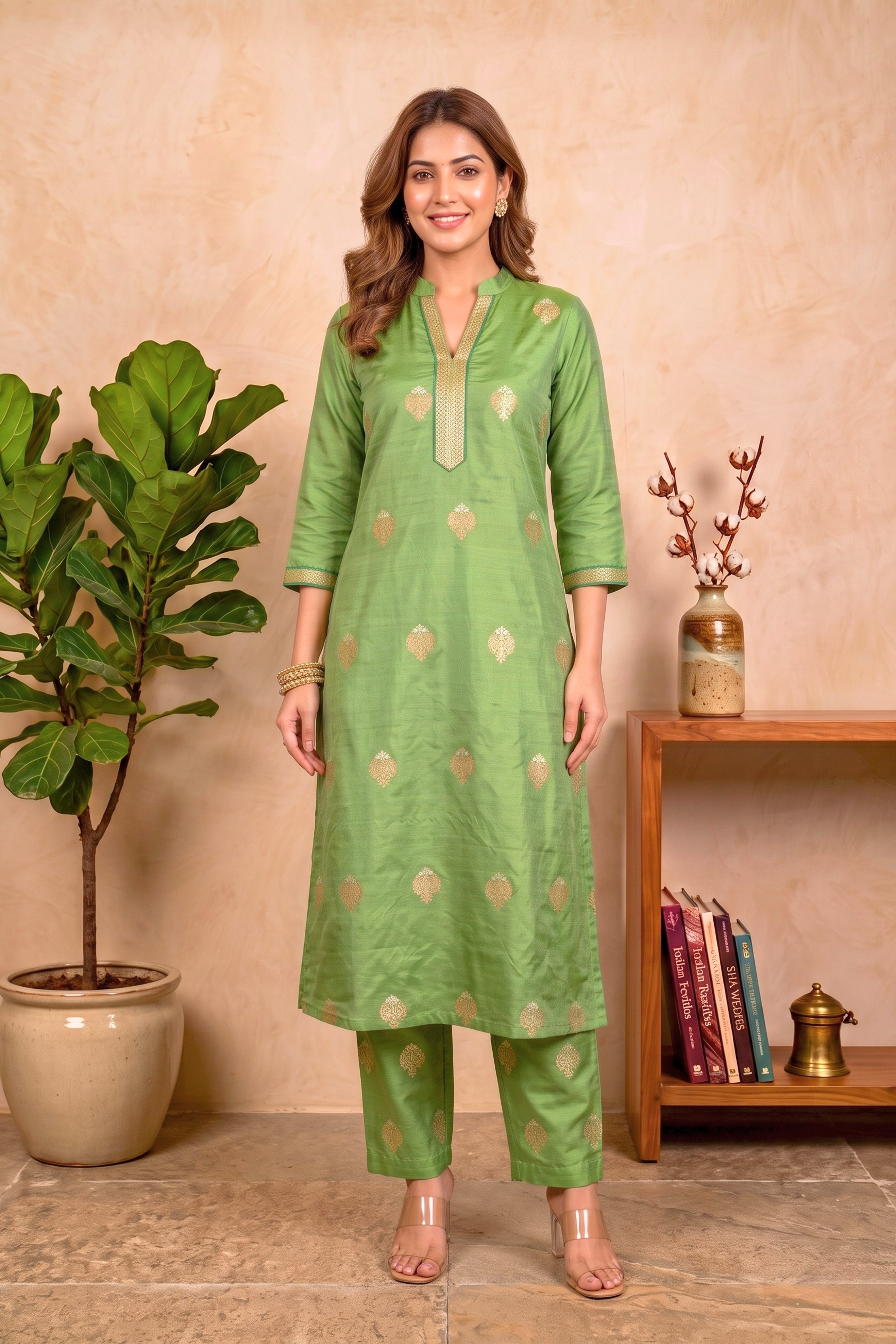 Elegant Mehendi Green Banarasi Silk Unstitched Dress Material