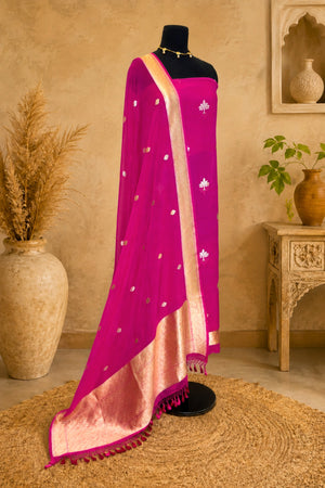 Magenta Banarasi Chiffon Khaddi Weave Unstitched Suit Set by Label Tamanna