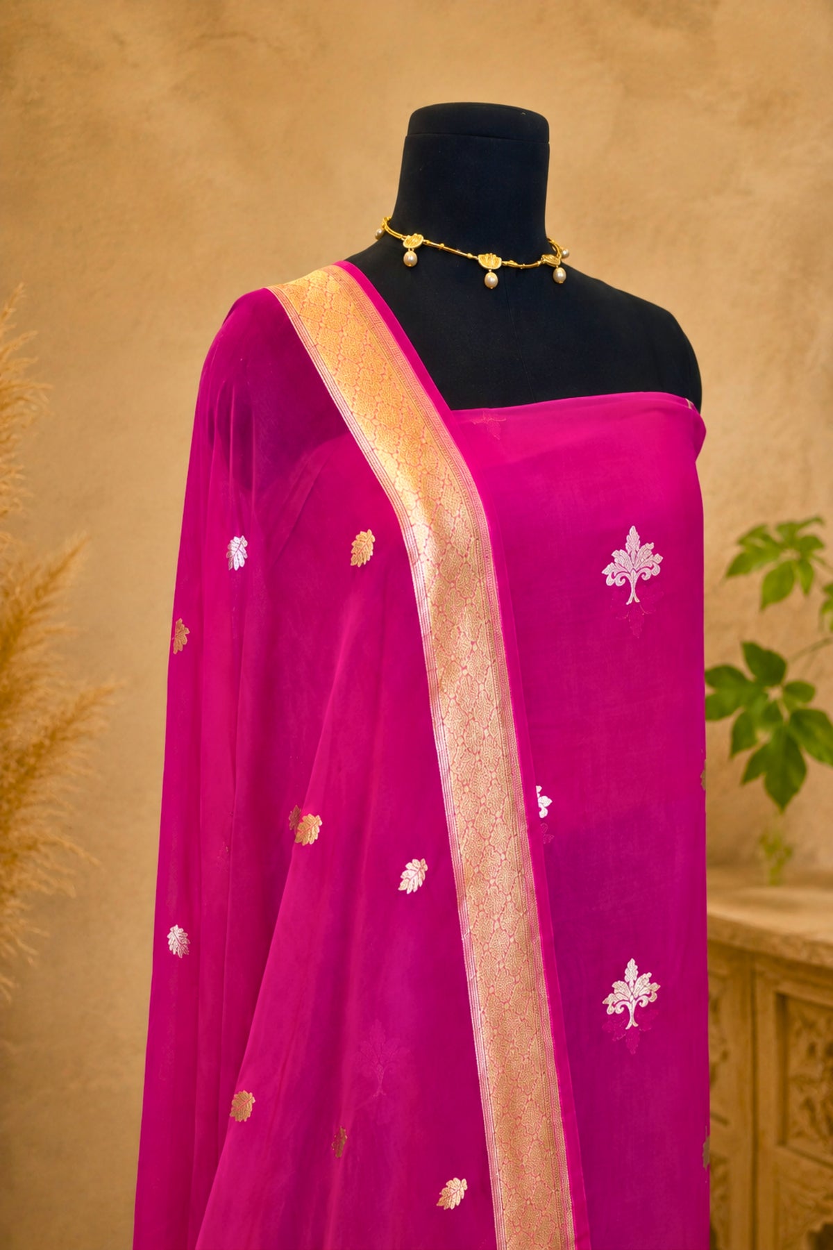 Magenta Banarasi Chiffon Khaddi Weave Unstitched Suit Set by Label Tamanna