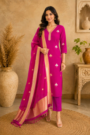 Magenta Banarasi Chiffon Khaddi Weave Unstitched Suit Set by Label Tamanna
