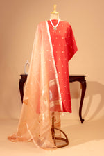 Red Silk Unstitched Suit Set with Peach Organza Dupatta by Label Tamanna