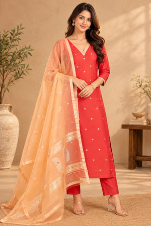 Red Silk Unstitched Suit Set with Peach Organza Dupatta by Label Tamanna